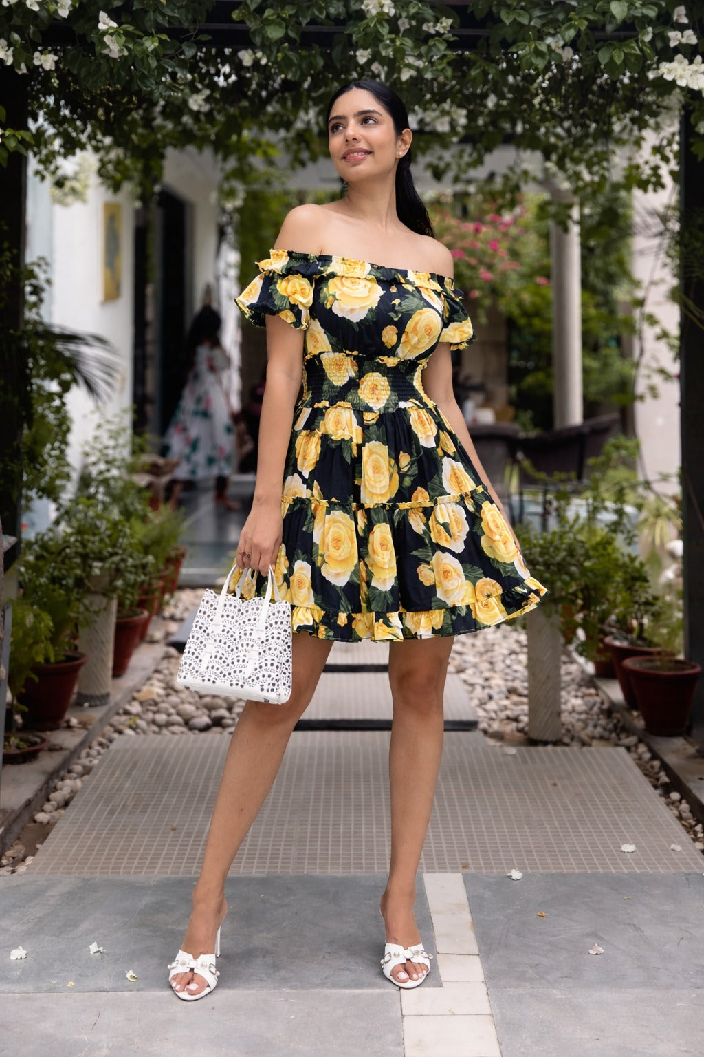 BLOOMY BABY BLOOM A-LINE DRESS-BLACK AND YELLOW