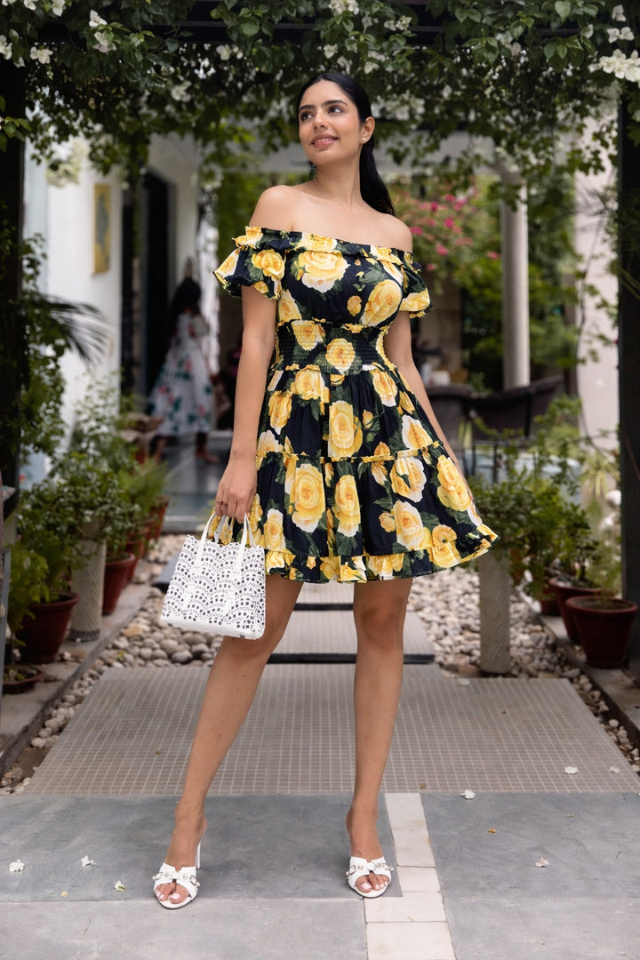 BLOOMY BABY BLOOM A-LINE DRESS-BLACK AND YELLOW