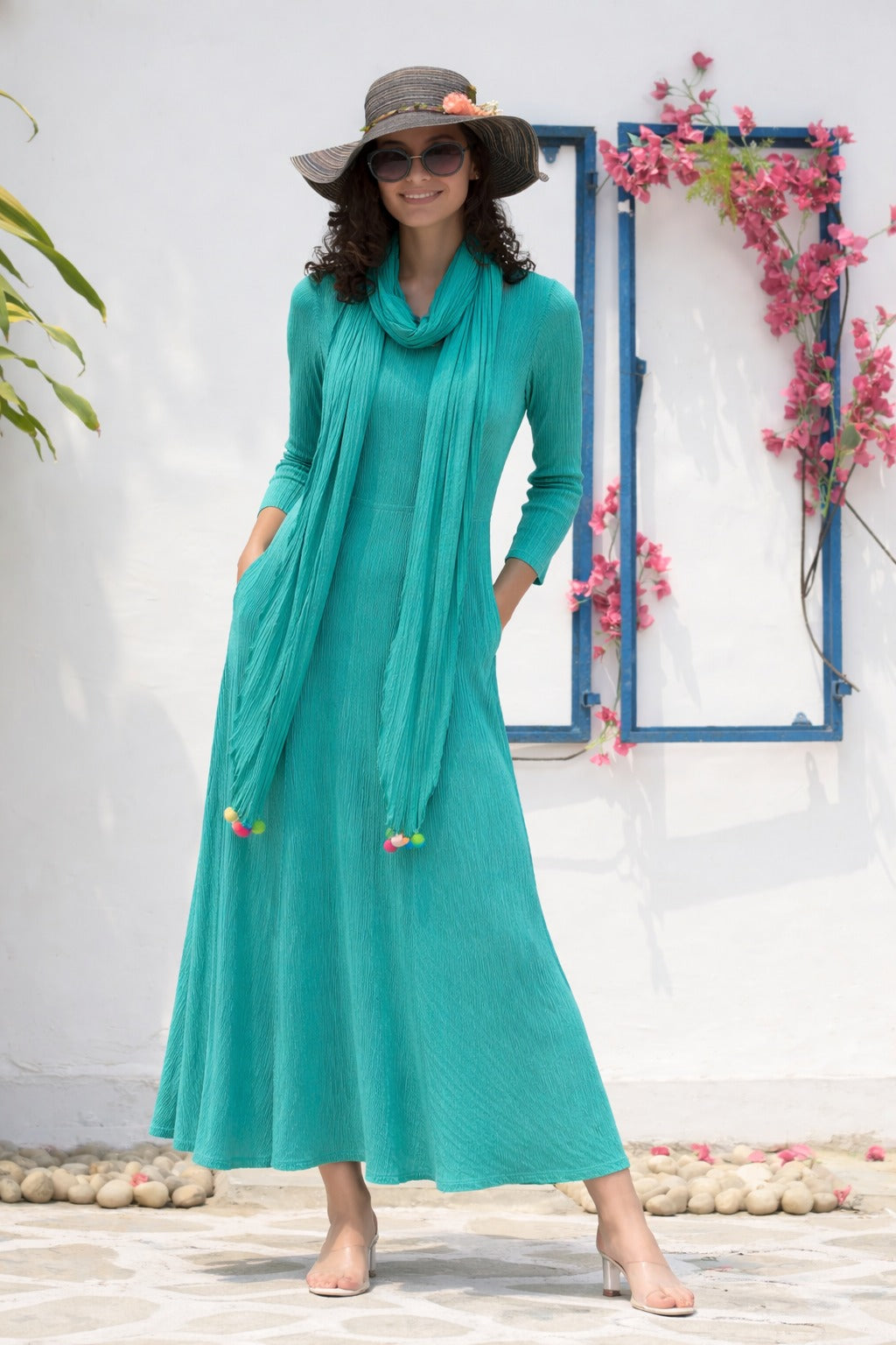 GOAN POMPOM MAXI DRESS- AQUAMARINE