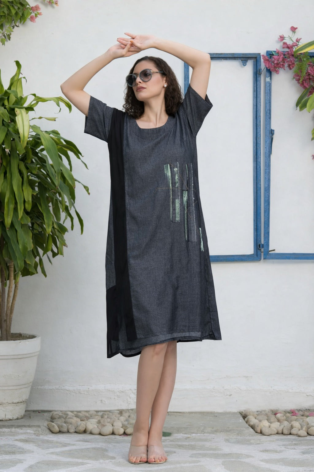 COTTON DENIM STRIPE PRINT DRESS- BLACK AND GREY