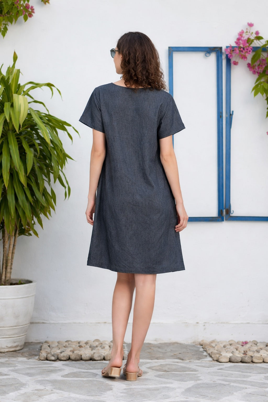 COTTON DENIM STRIPE PRINT DRESS- BLACK AND GREY