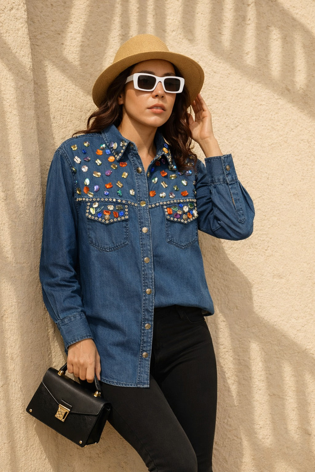 DARYL DENIM BEJEWELLED SHIRT- BLUE