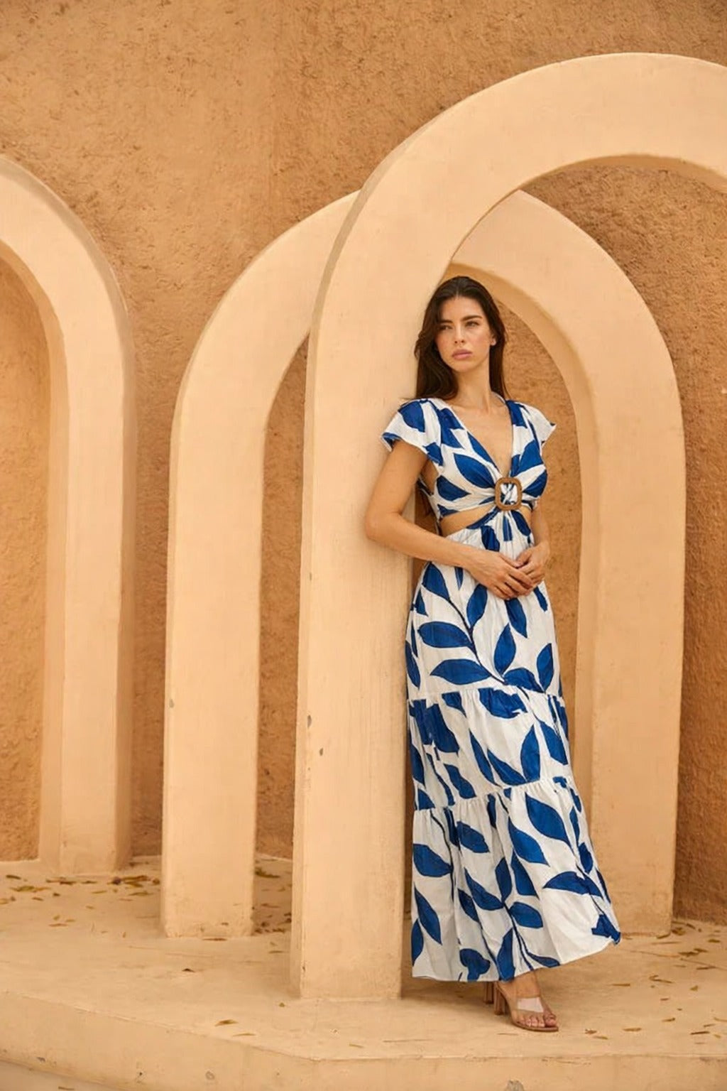 CAPRI CASCADE CUT OUT DRESS - BLUE AND WHITE