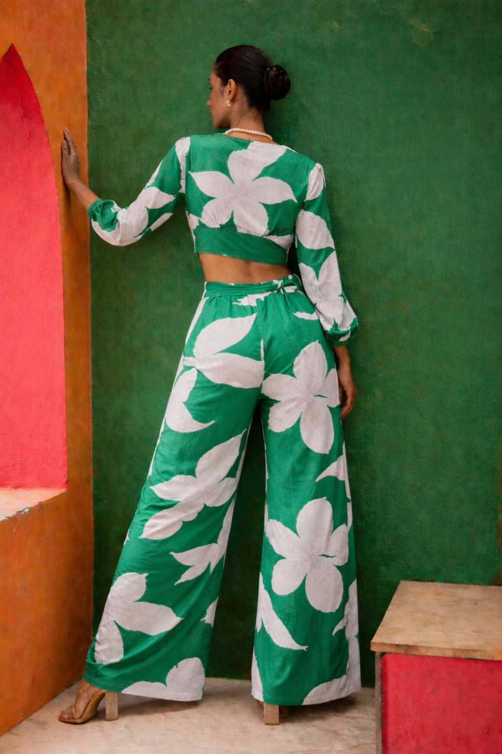 SOLEIL BLOOM CROP TOP WITH FALRED PANTS- GREEN