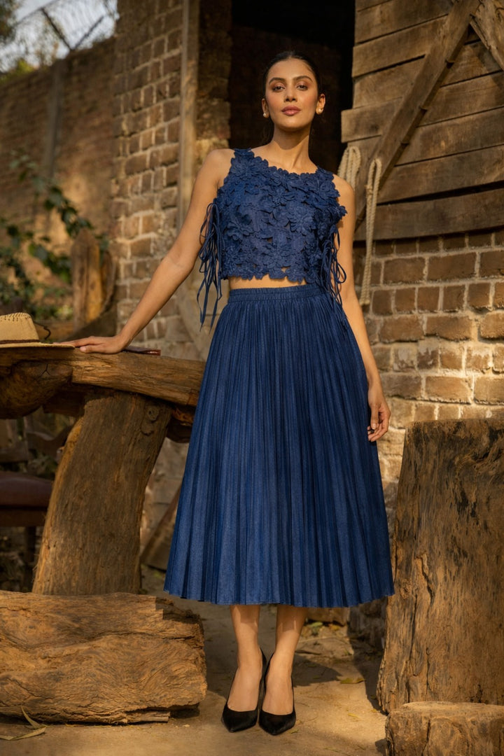 DARYL DENIM CUT WORK WAISTCOAT WITH SKIRT- BLUE