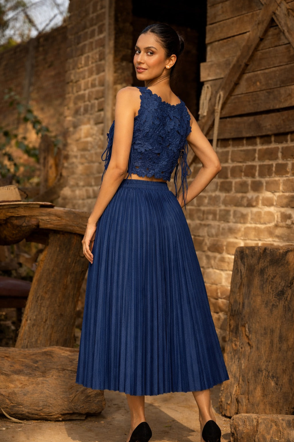 DARYL DENIM CUT WORK WAISTCOAT WITH SKIRT- BLUE