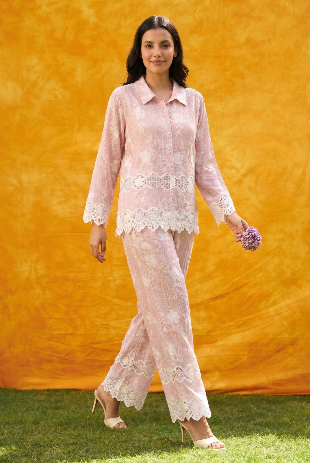 FAYOLA LACE DISTRESSED SET- PINK
