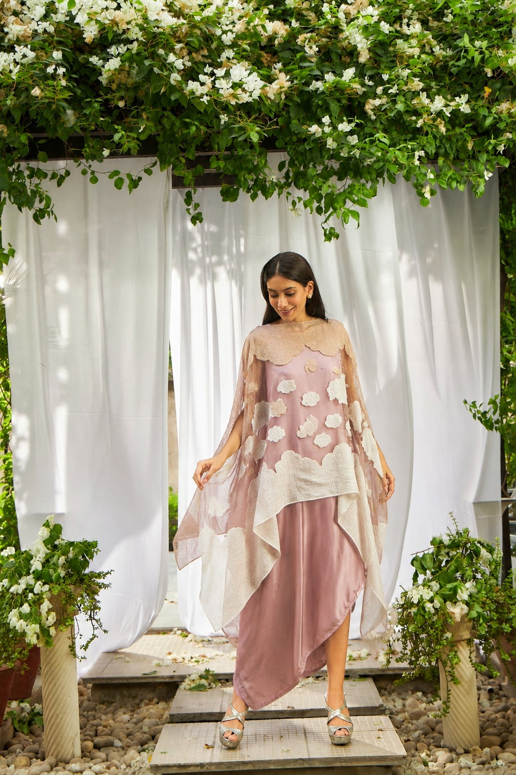 Slip Easy with Organza Cape - Mauve and Beige