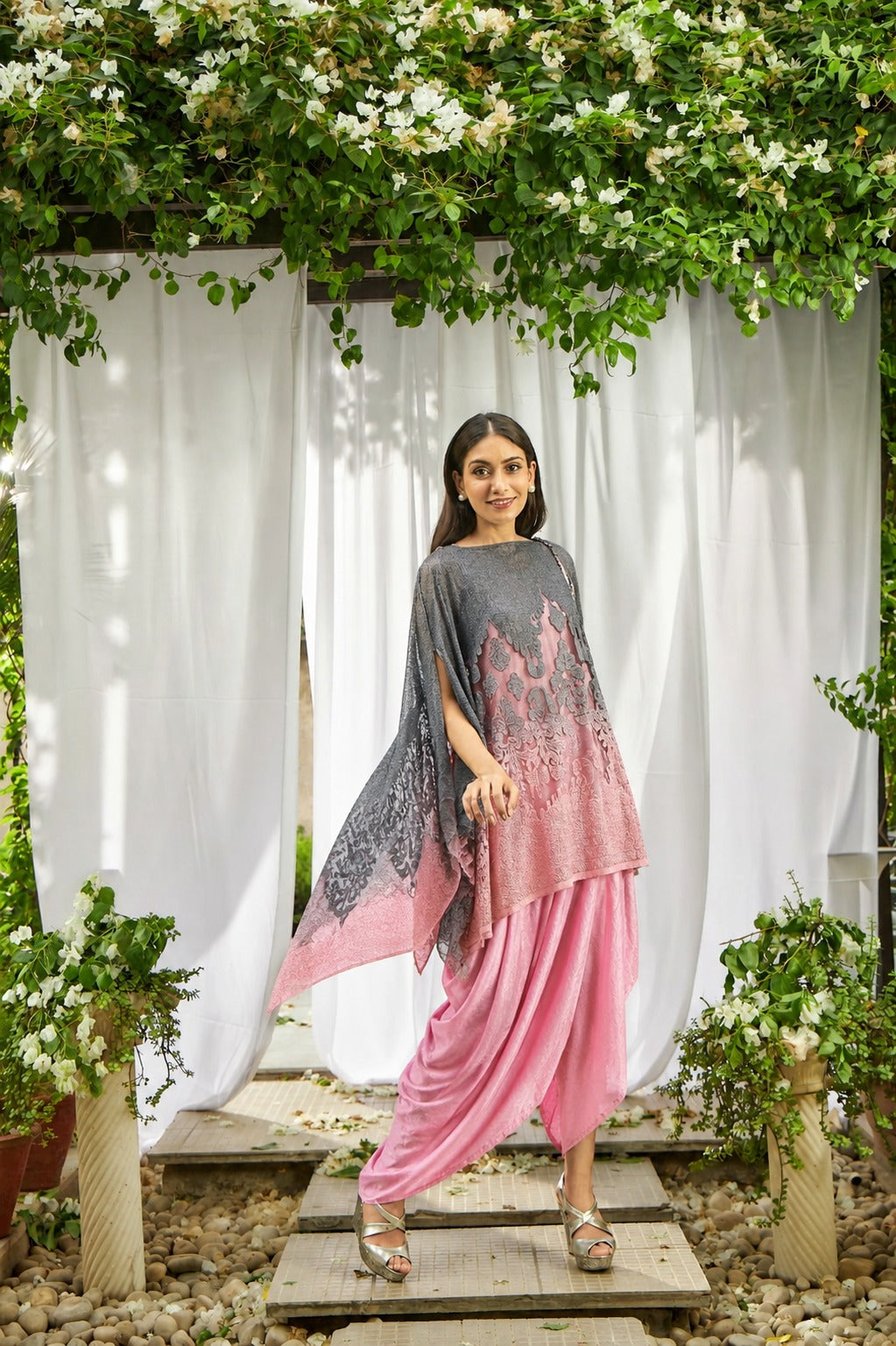 Slip Easy Dress with Organza Cape - Pink and Grey