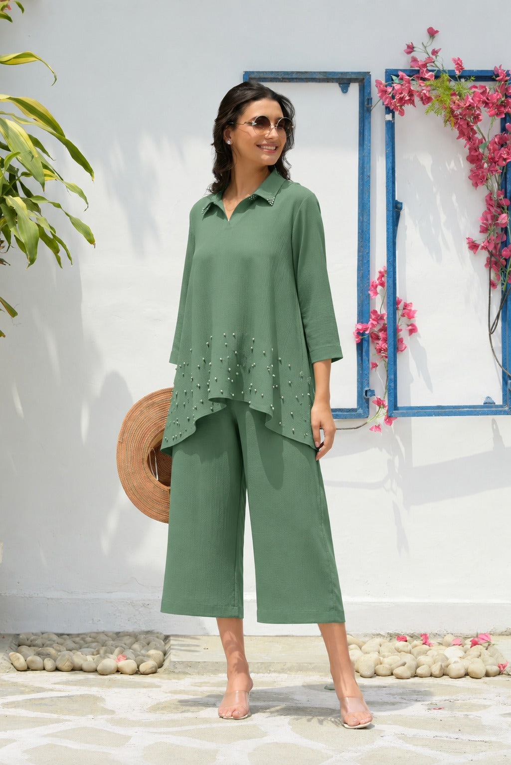 Kiara Kurta With Culottes Pants - Silver Green