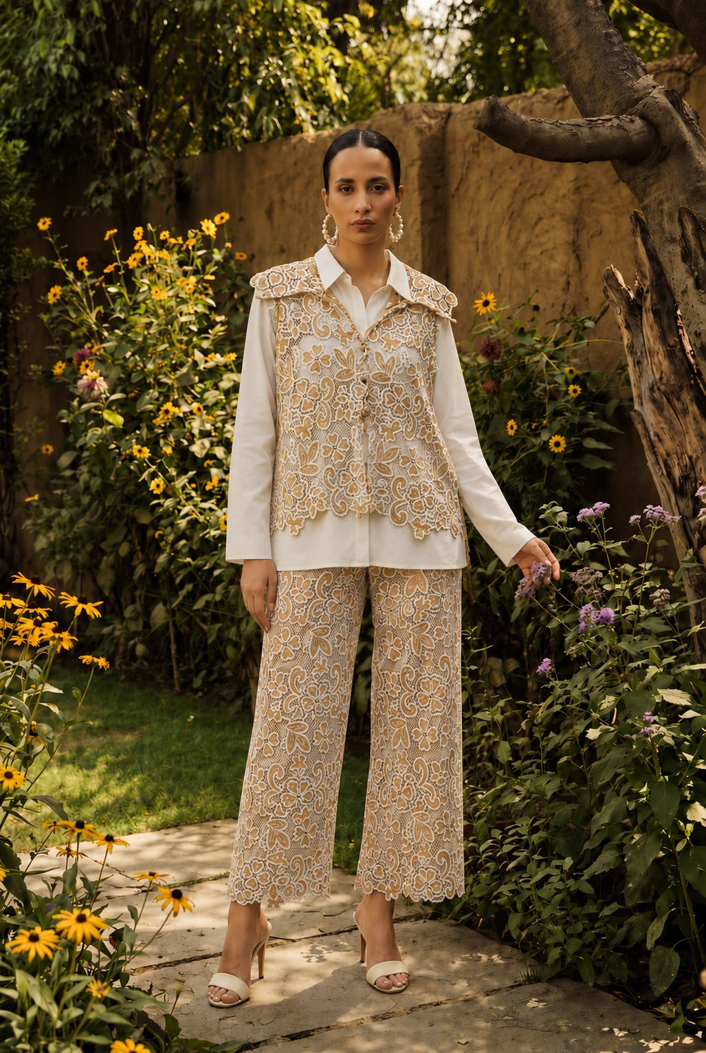 MYRA MESH MAGNOLIA WAISTCOAT PANT SET - YELLOW