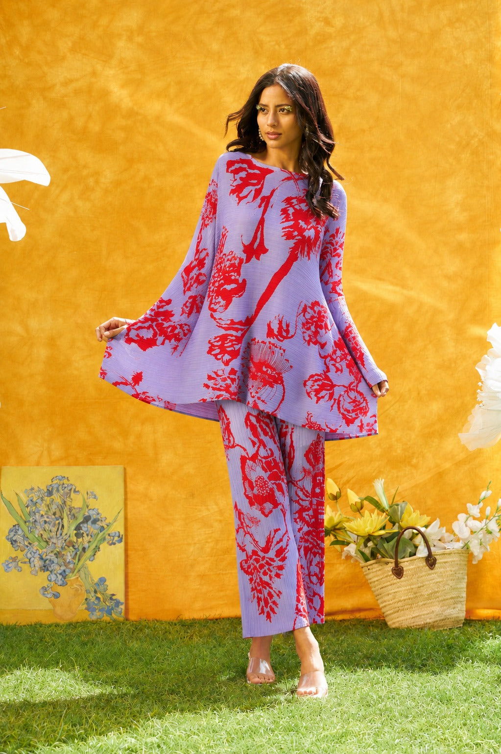 OLIVIA OMBREY CINCHED PRINTED CO-ORD SET- LAVENDER AND RED