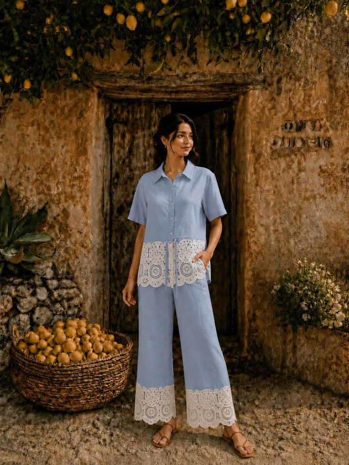 Cameron Cotton Cutwork Coord Set - Blue and White