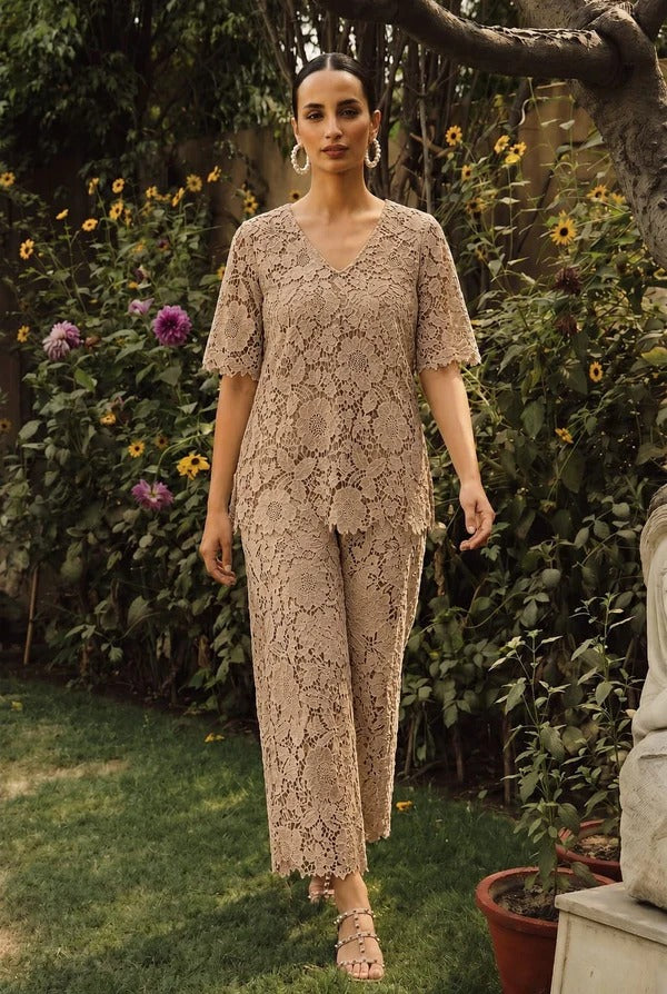 Beige Schiffli Co-Ord Set