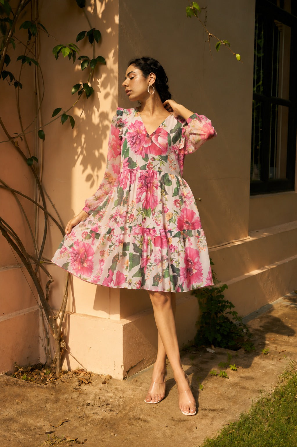 FLORAL FANTASY MIDI DRESS WITH ORGANZA PUFF SLEVEE- FLORAL PINK