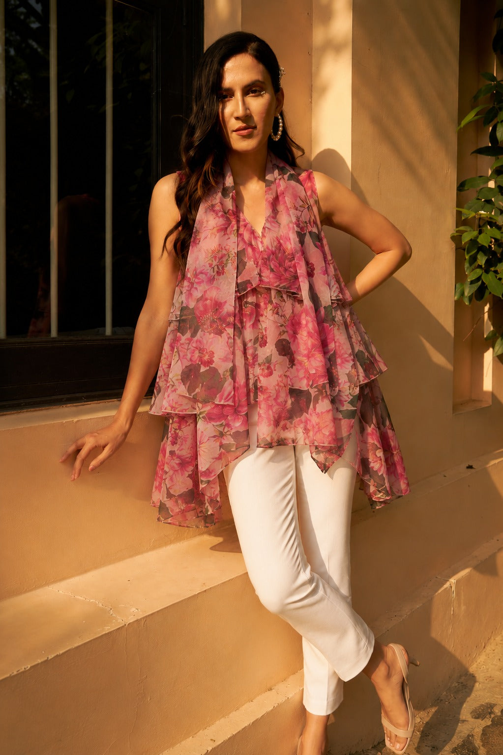 FLORAL FANTASY RUFFLE TOP-PINK