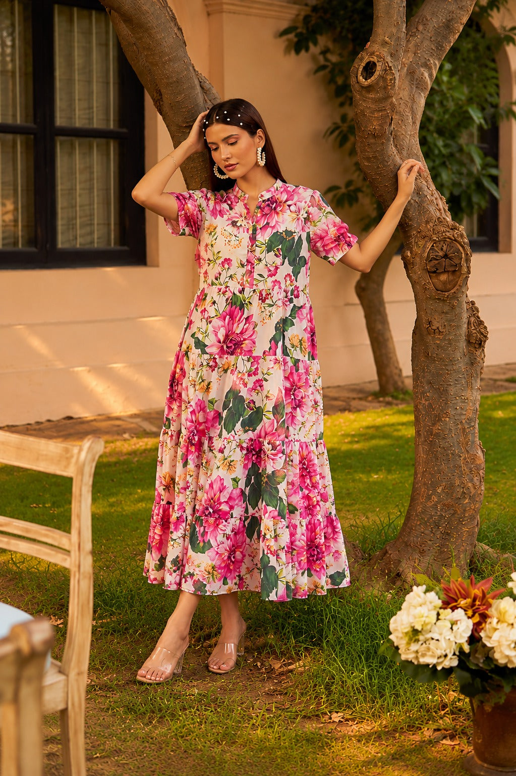 FLORAL FANTASY GOWN WITH ORGANZA PUFF SLEEVE- PINK