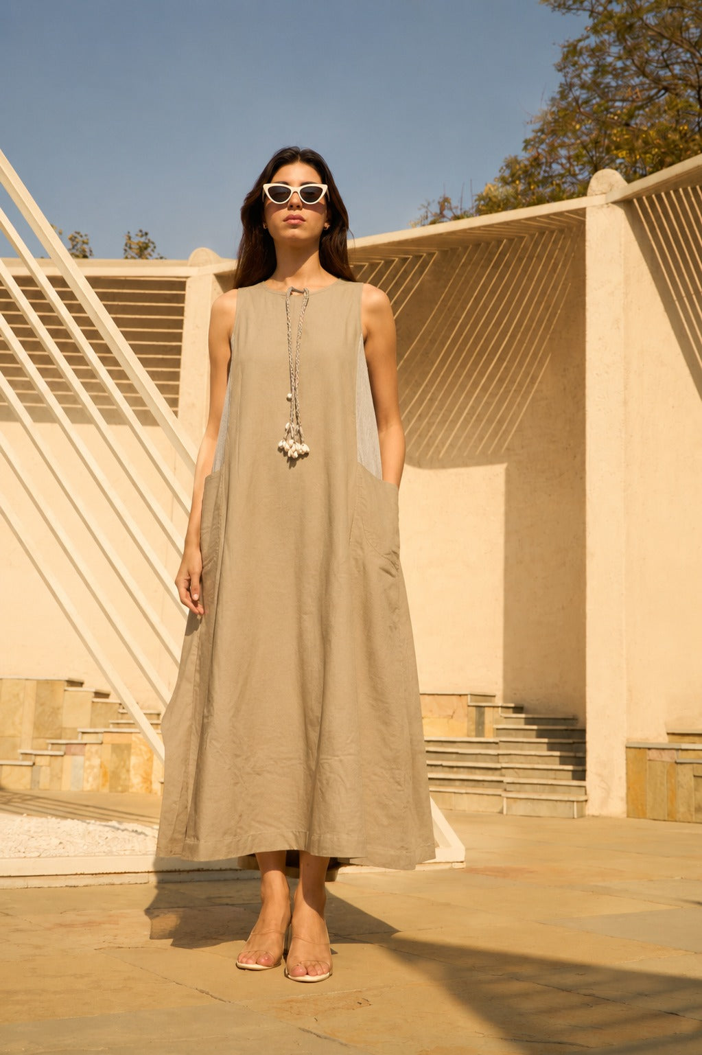 LILLIE LINEN LONG GOWN DRESS- BEIGE