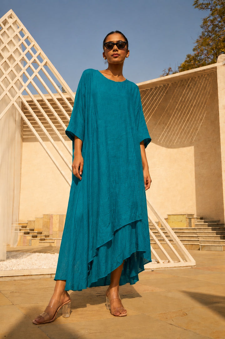 LILLIE LINEN TWO LAYER DRESS- TEAL