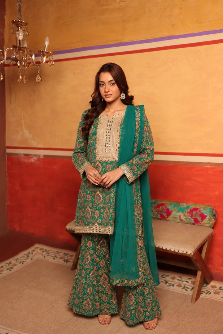 Elizey Paisley Embroidered Sharara Set - Teal