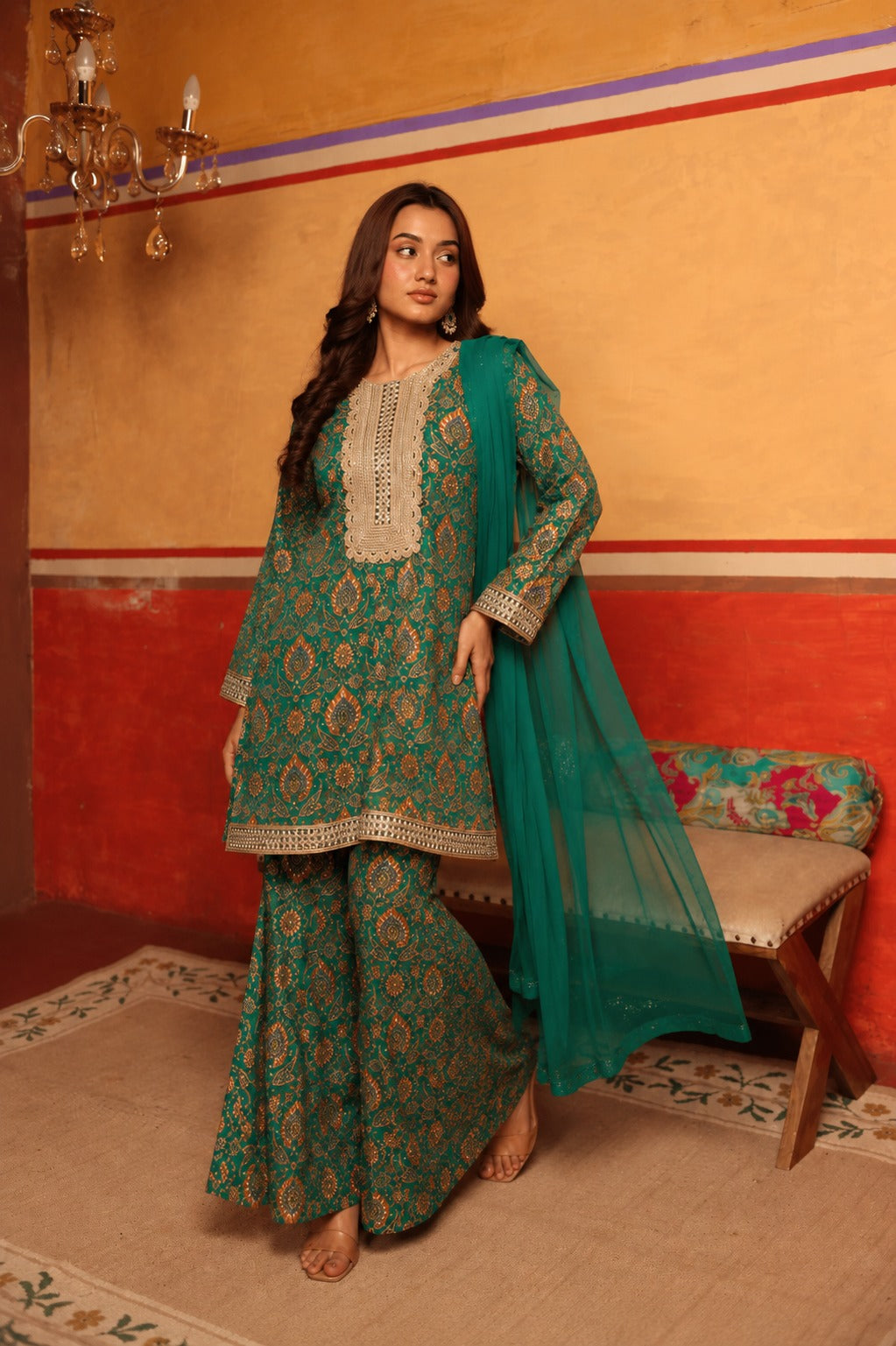 Elizey Paisley Embroidered Sharara Set - Teal