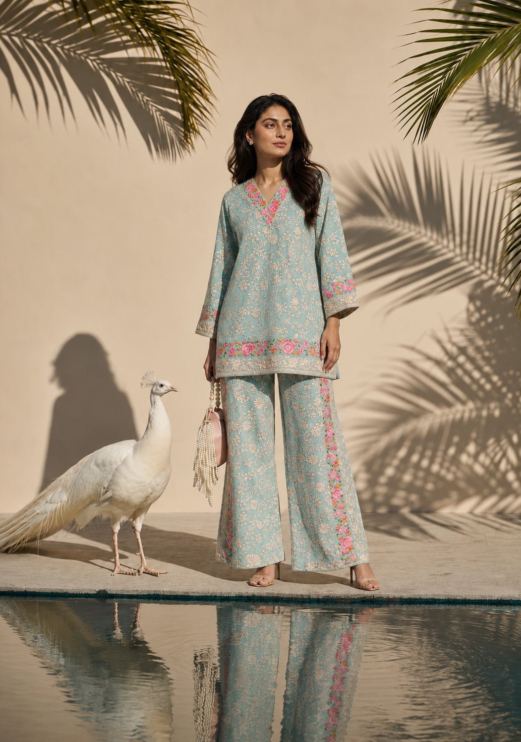 Reyna Gara Rose Dust Kurta with Slit Pant - Powder Blue