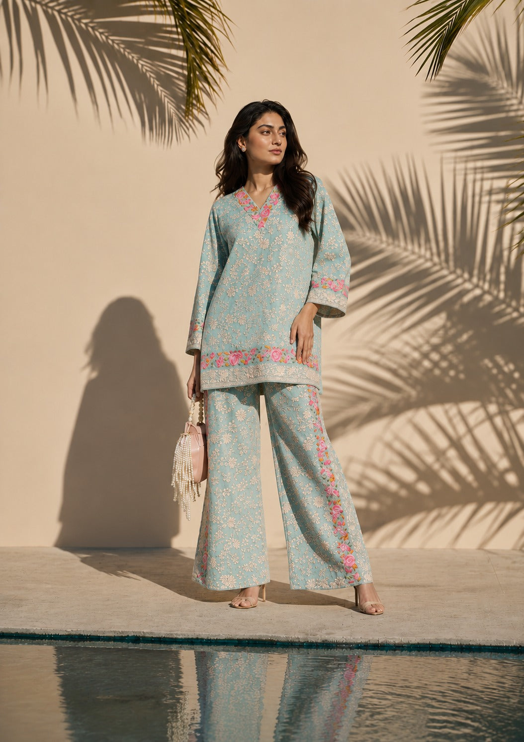 Reyna Gara Rose Dust Kurta with Slit Pant - Powder Blue