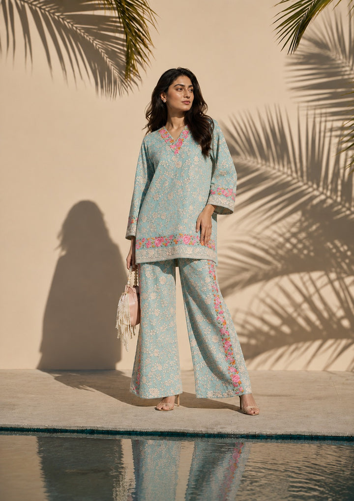 Reyna Gara Rose Dust Kurta with Slit Pant - Powder Blue