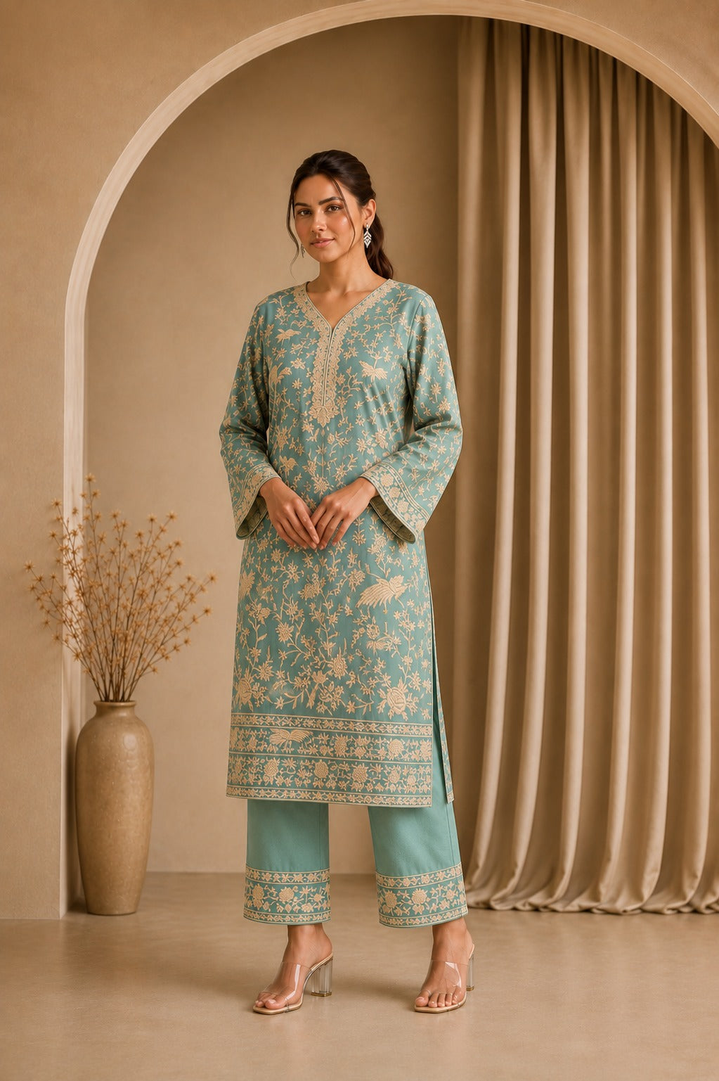 REYNA GARA GLAZED KURTA WITH PANT-POWDER BLUE