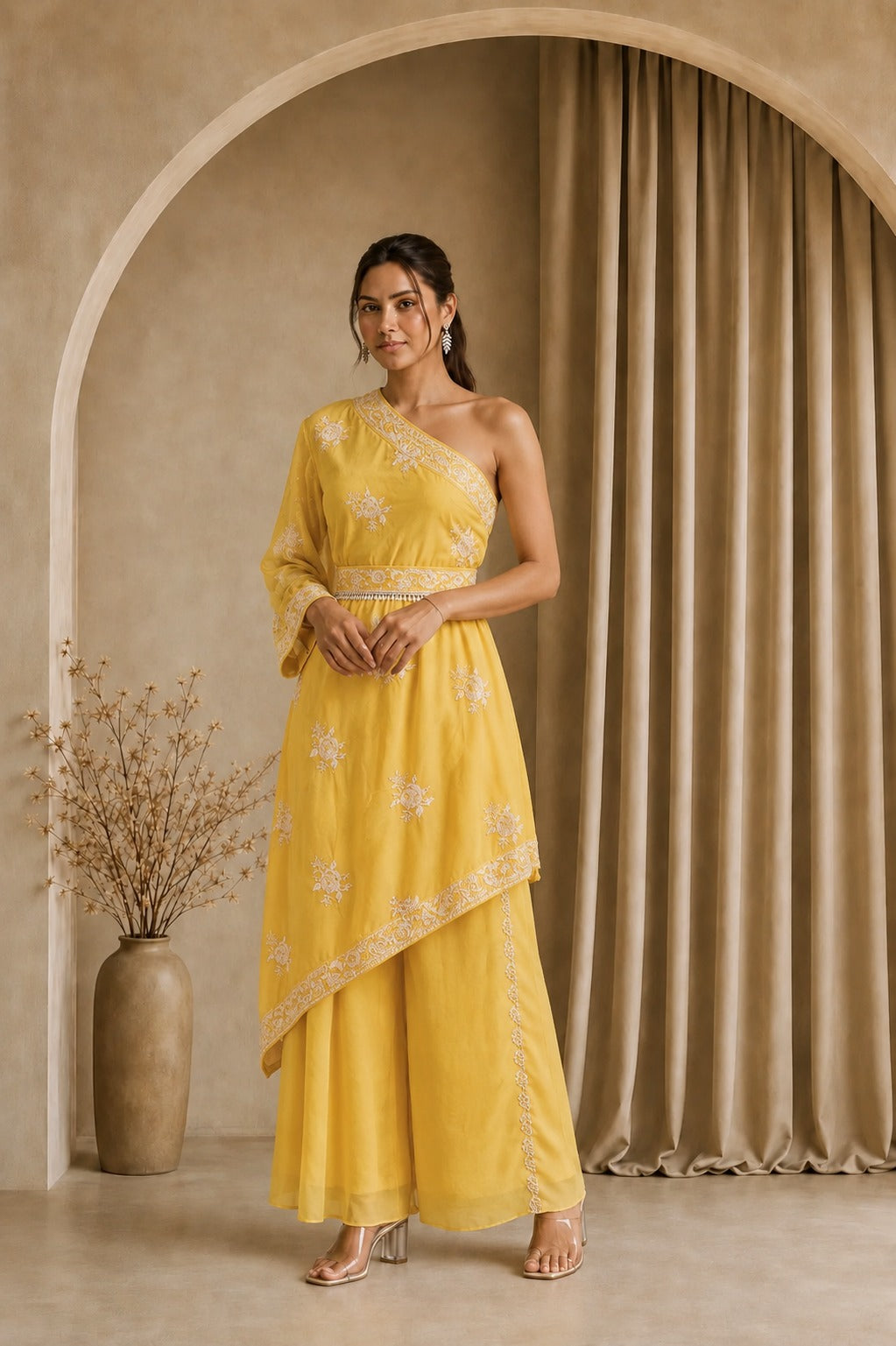 Reyna Gara Glazed Avyah Cape Co-ordinated with Flared Pant and Belt - YELLOW