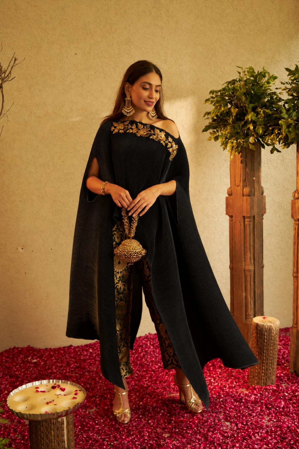 Divine Embroidered Cape with Brocade Pants  - Black