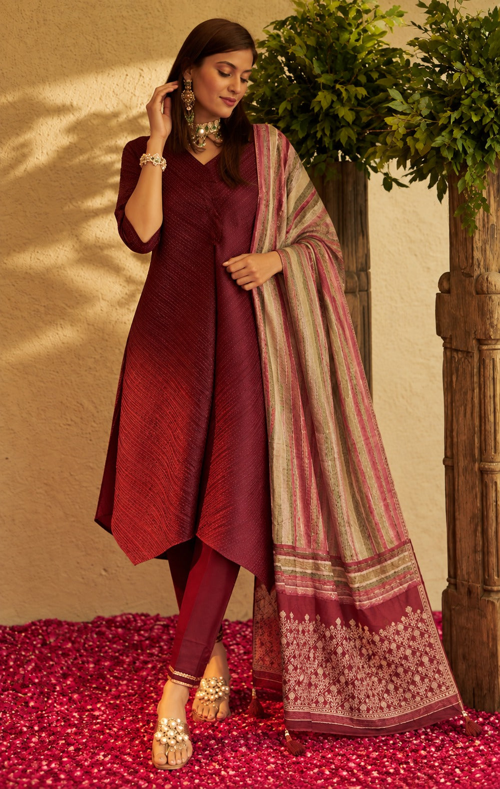 Potli Button Tunic Set - Maroon