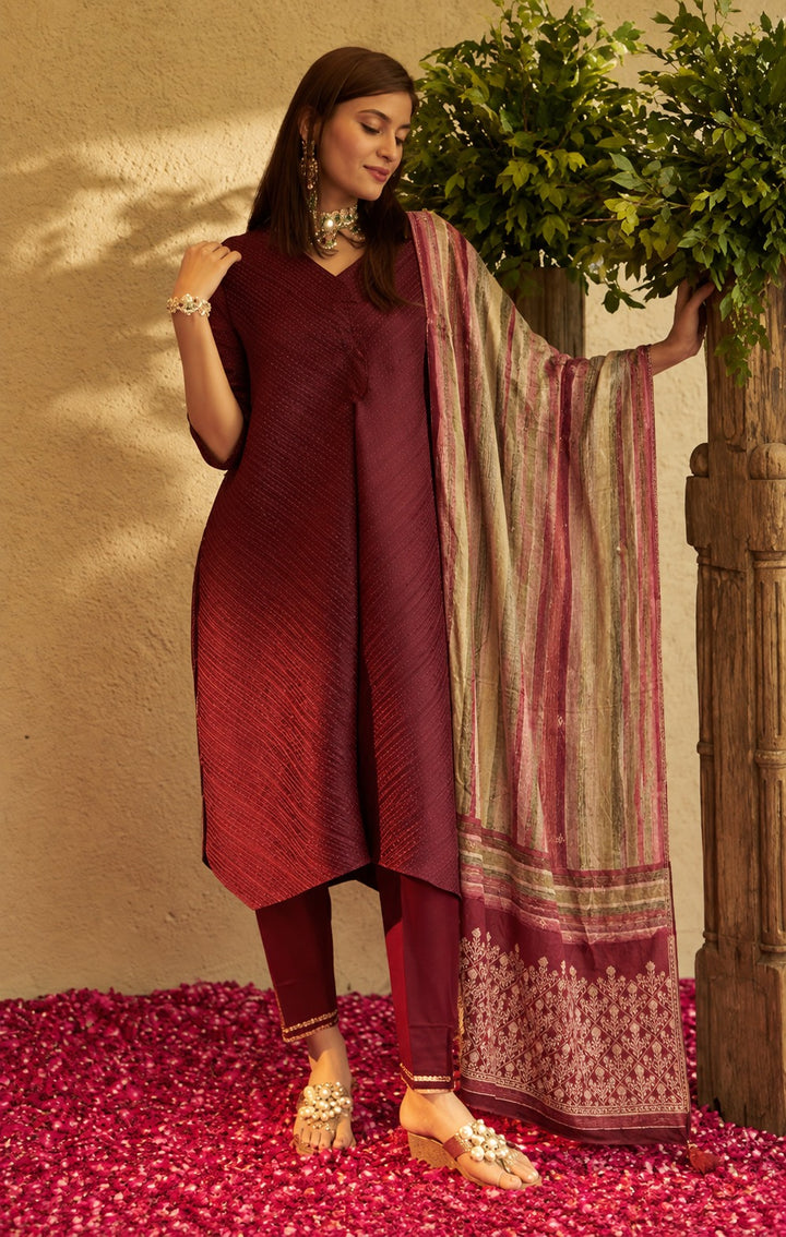 Potli Button Tunic Set - Maroon