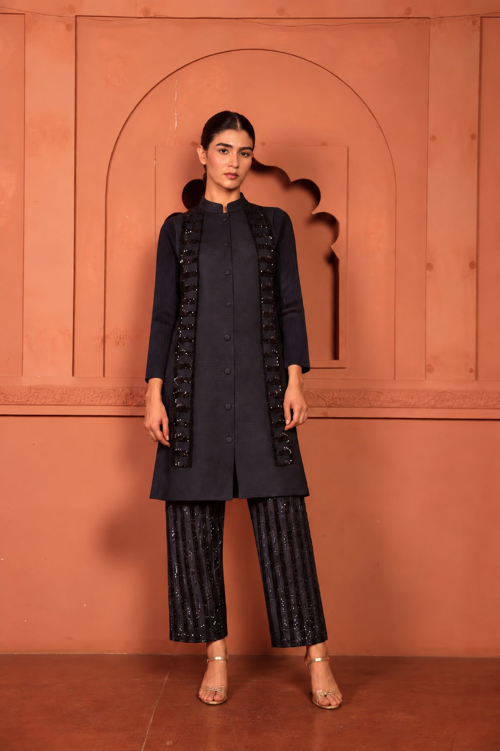 Bandgala Tunic Set with Seq Pant and Seq Scarf - Blue