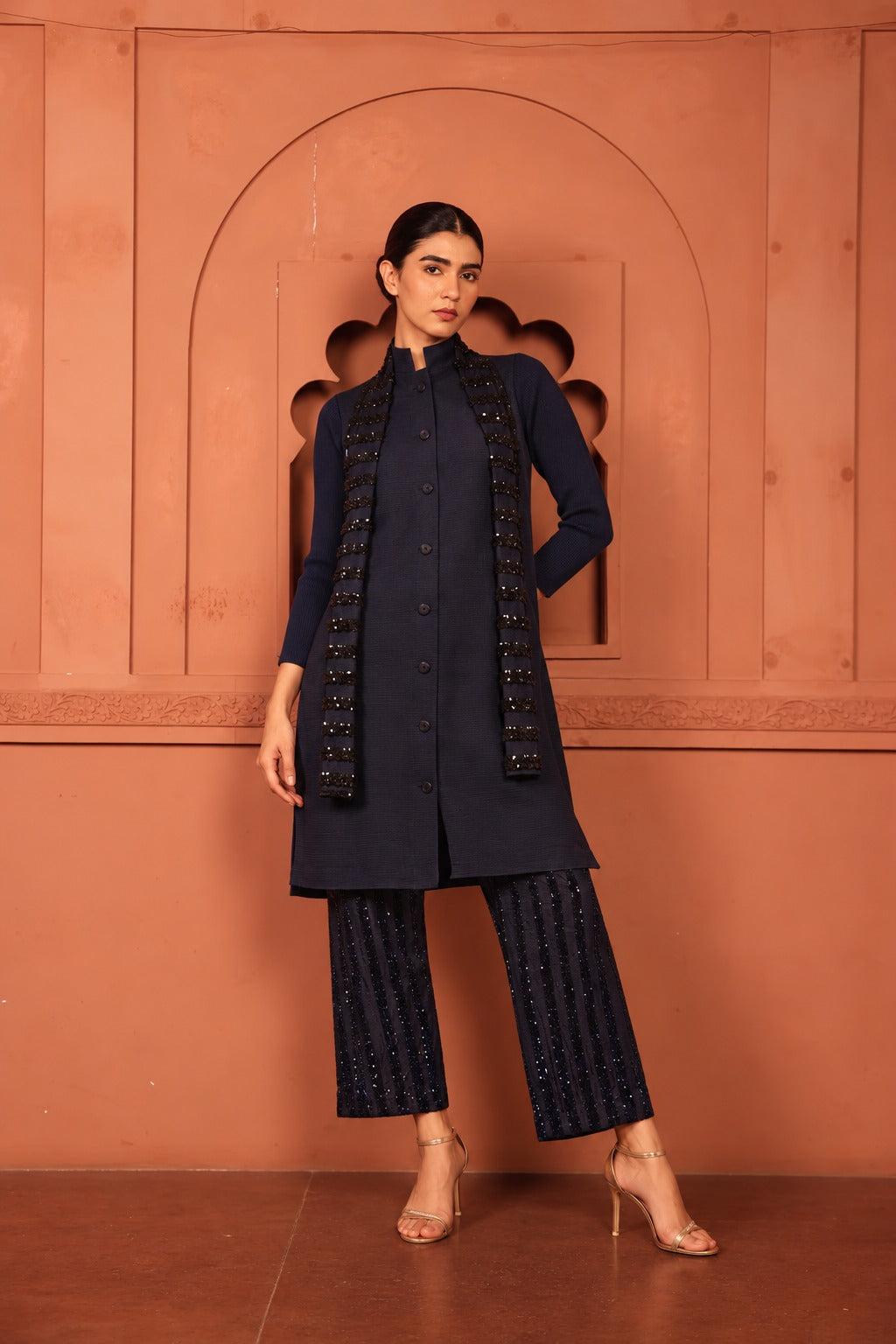 Bandgala Tunic Set with Seq Pant and Seq Scarf - Blue