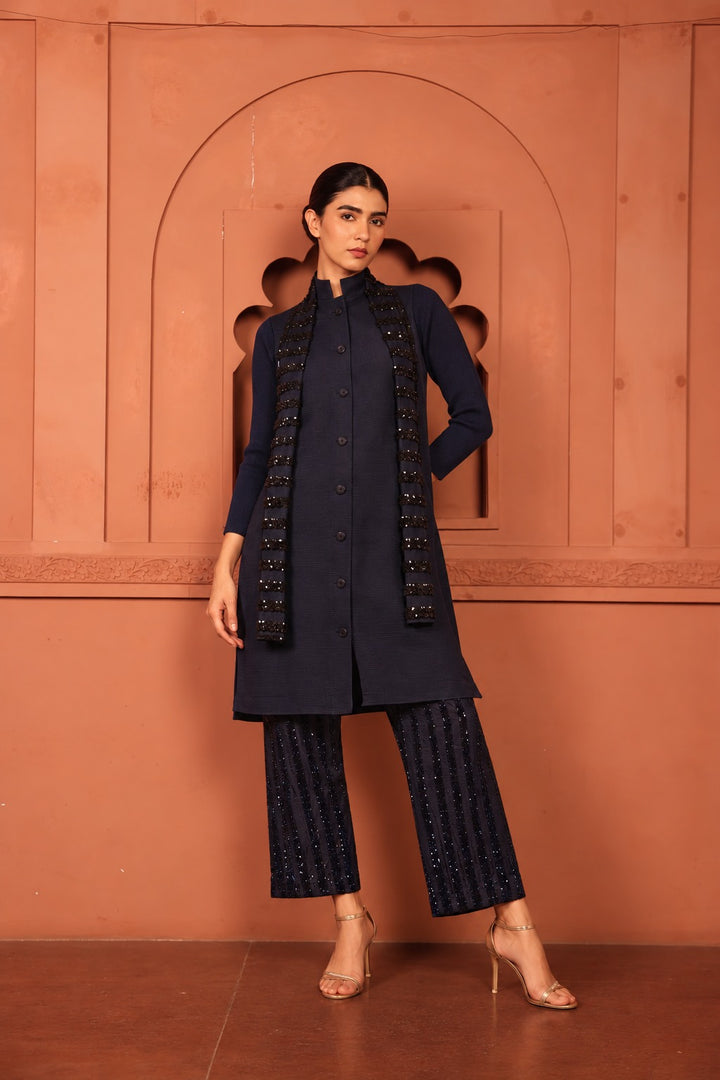 Bandgala Tunic Set with Seq Pant and Seq Scarf - Blue