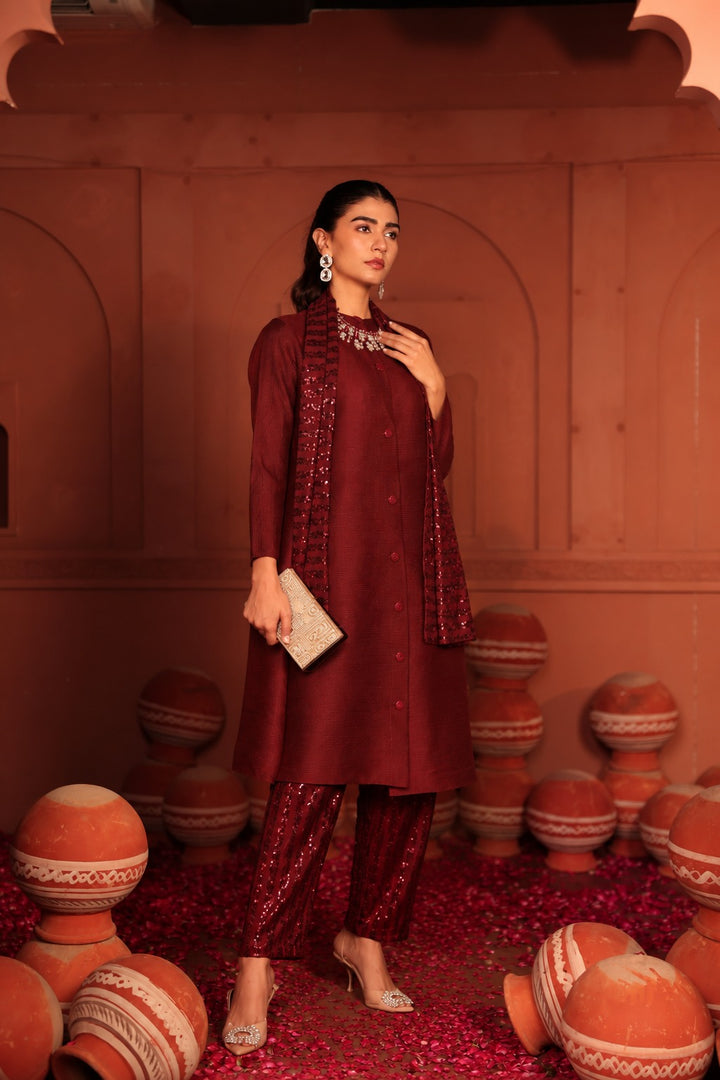 Bandgala Tunic Set with Seq Pant and Seq Scarf - Maroon