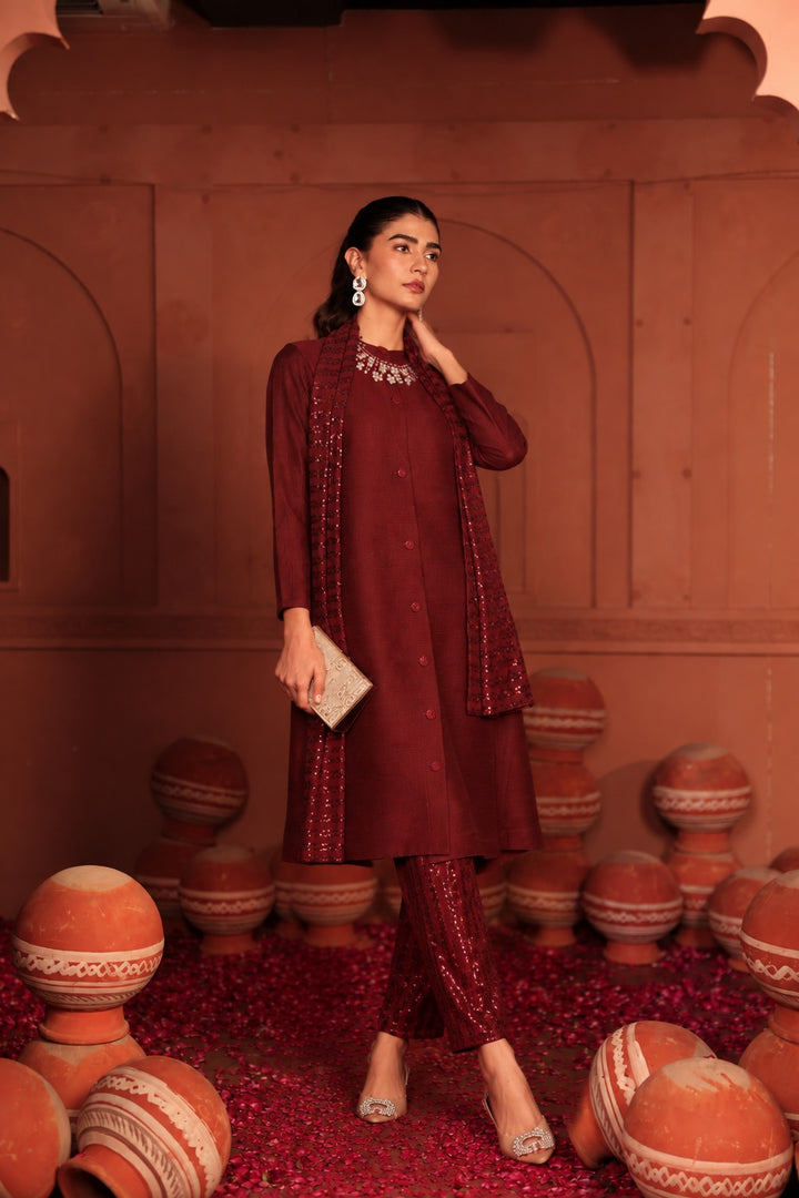 Bandgala Tunic Set with Seq Pant and Seq Scarf - Maroon