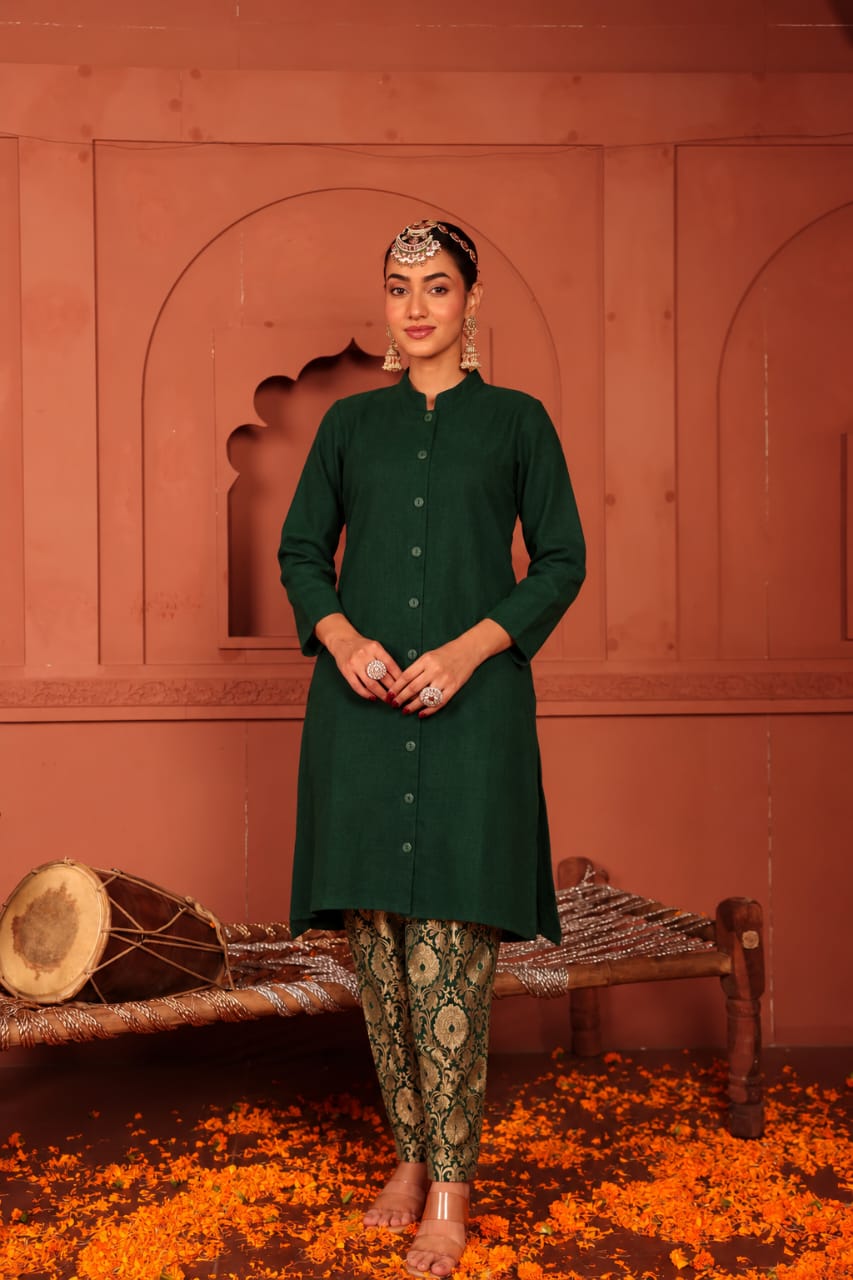 BANDGALA PLEATED TUNIC WTH PANT - GREEN