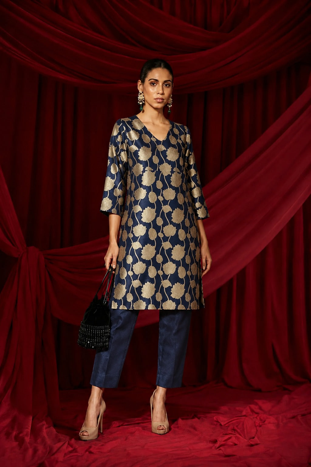 LOTUS BANARASI BROCADE KURTA SET- MIDNIGHT BLUE