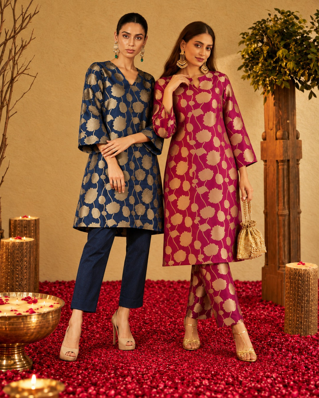 LOTUS BANARASI BROCADE KURTA SET- FUSCHIA