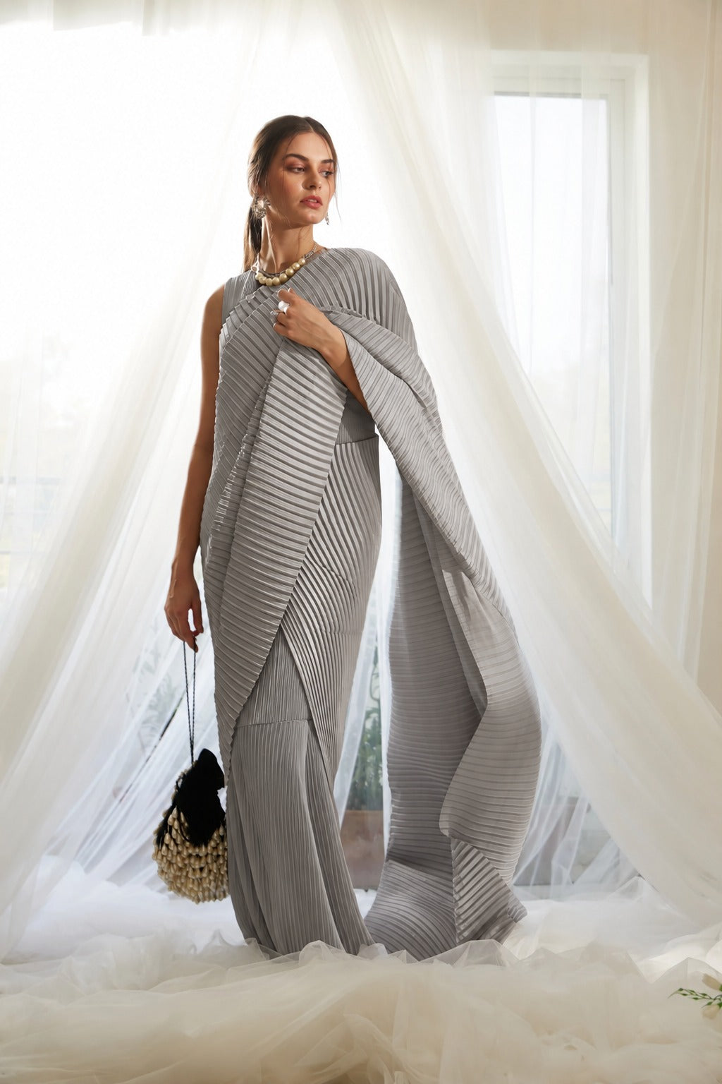 Classy Pleated Gown Saree - Silver