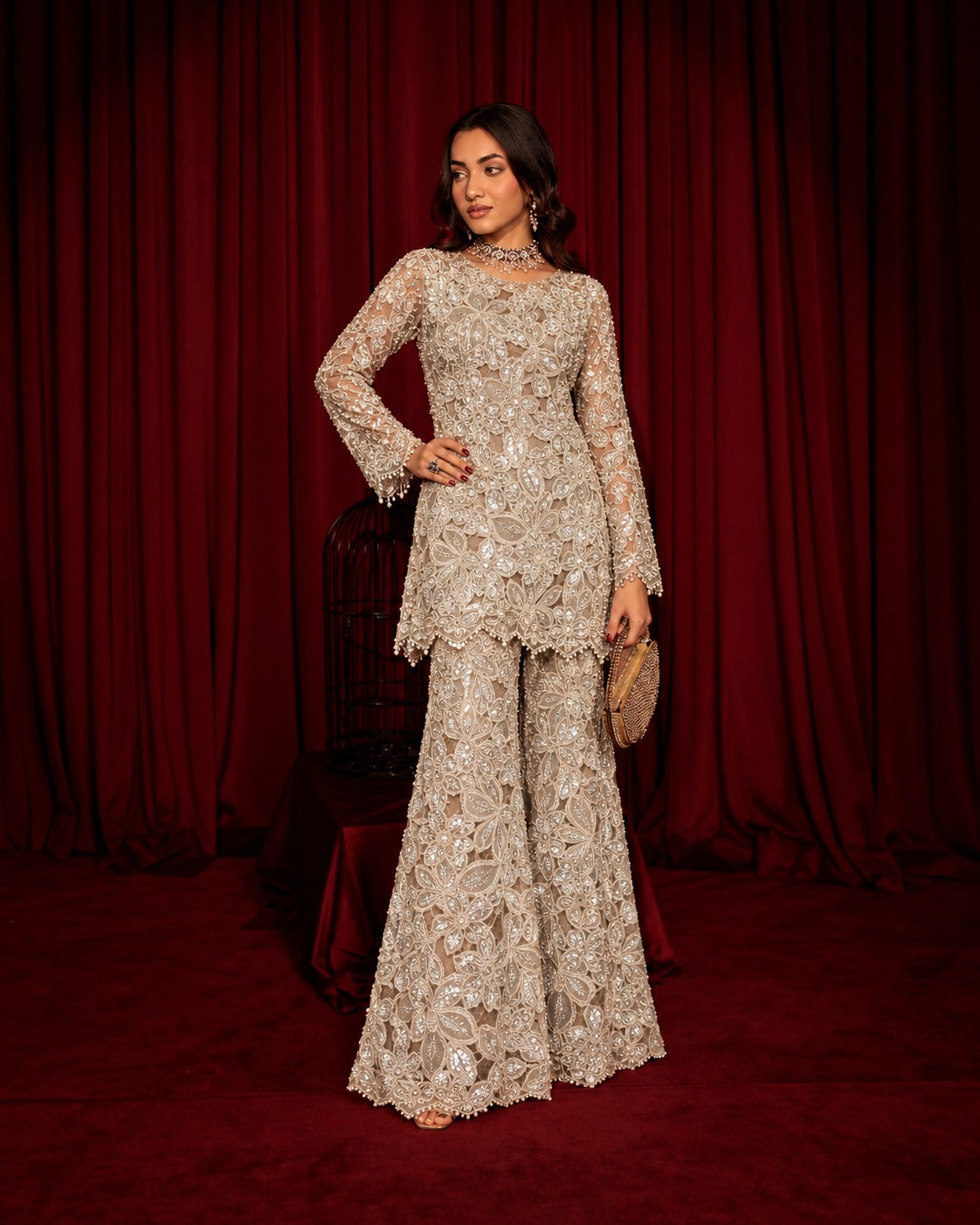 INAAYA SEQUIN EMBROIDERED SHARARA SET-GOLD