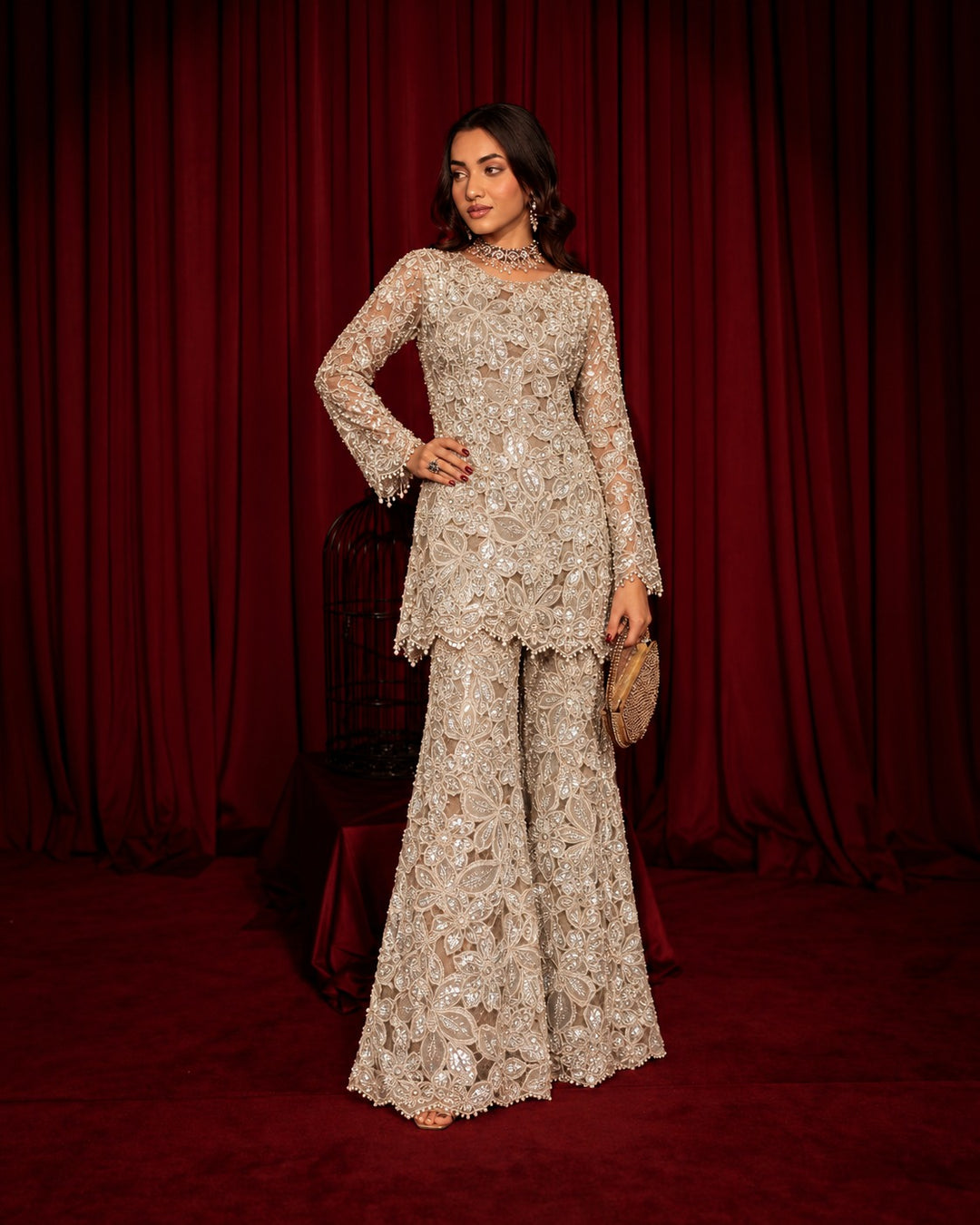 INAAYA SEQUIN EMBROIDERED SHARARA SET-GOLD