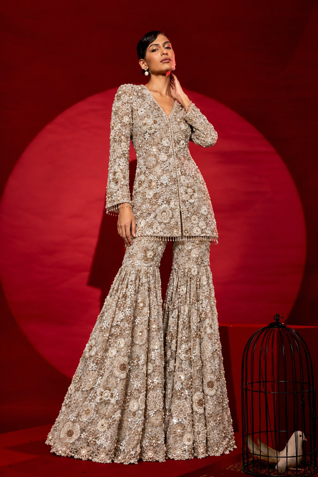 INAAYA GLAMOUR EMBROIDERED SHARARA SET-CHAMPAGNE