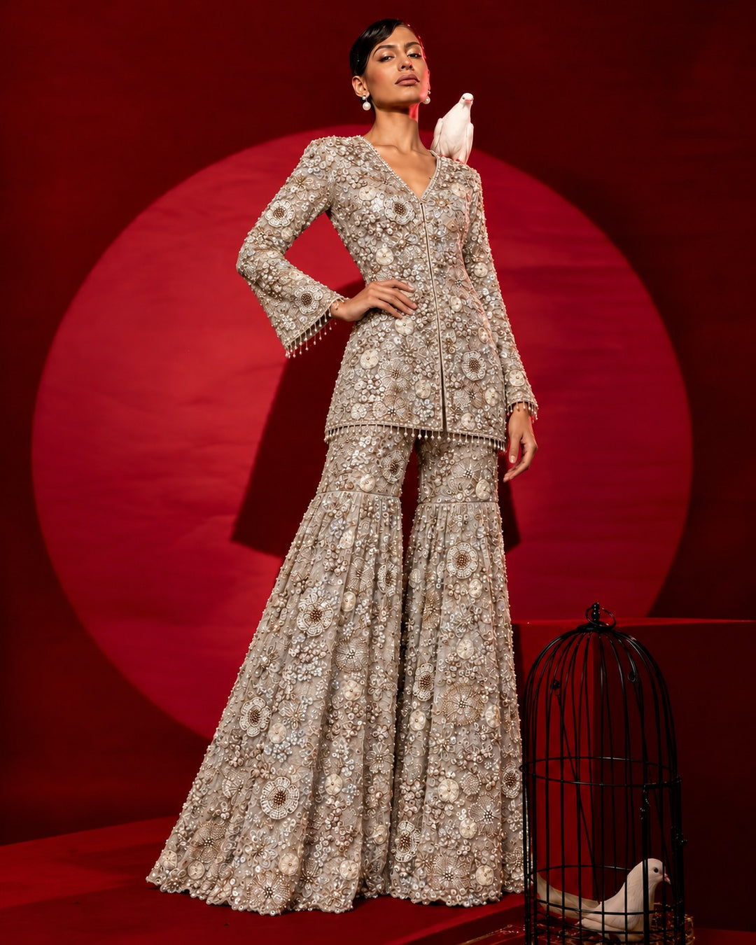 INAAYA GLAMOUR EMBROIDERED SHARARA SET-CHAMPAGNE