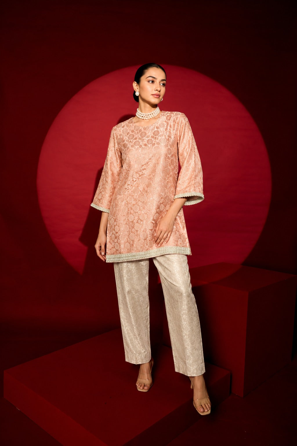 Banarasi Begum Tunic Set - peach and white