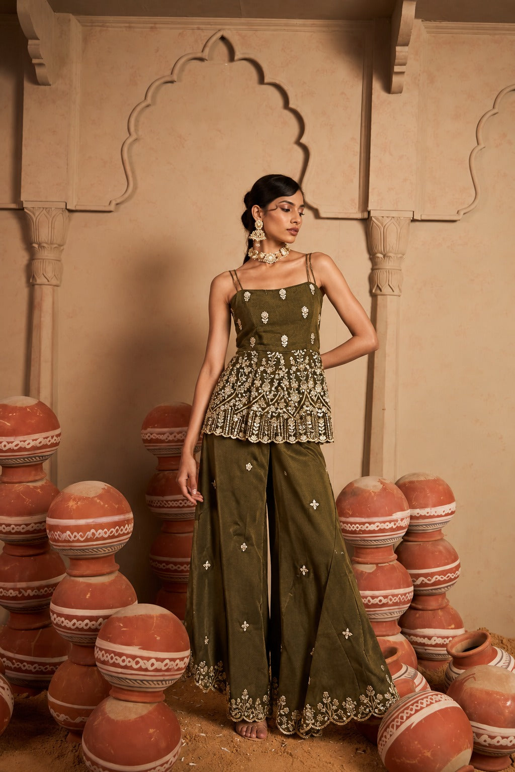 Embroidered Off shoulder Set- olive green