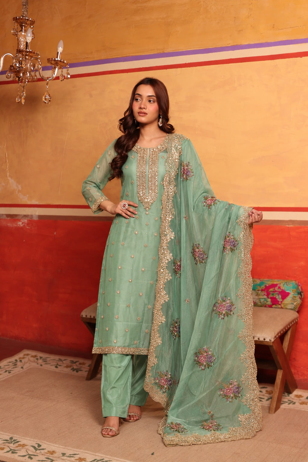 ZAINAT ZARDOSI SET- MINT GREEN