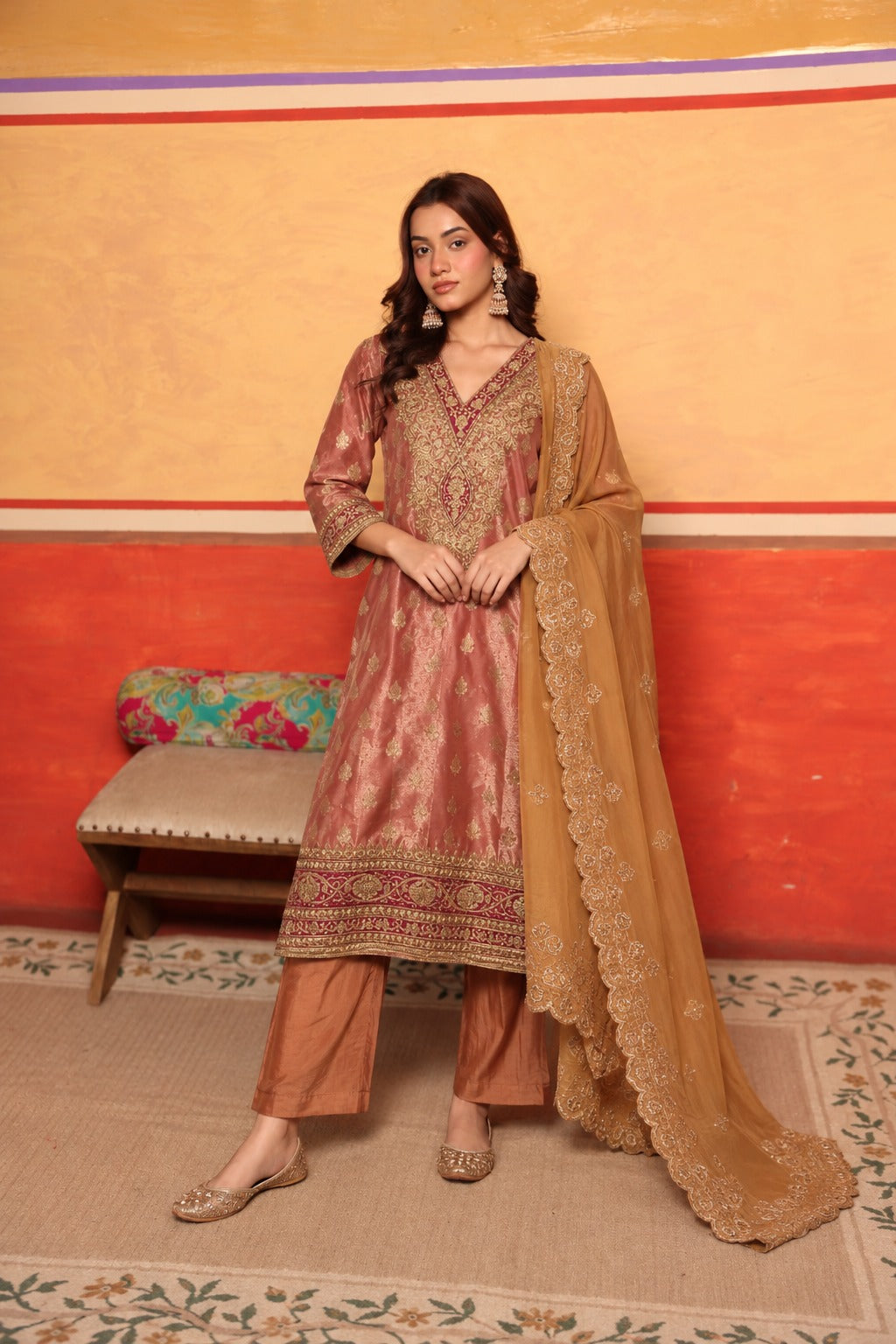 ZAINAT ZARDOSI EMBRIODERED KURTA SET -PEACH